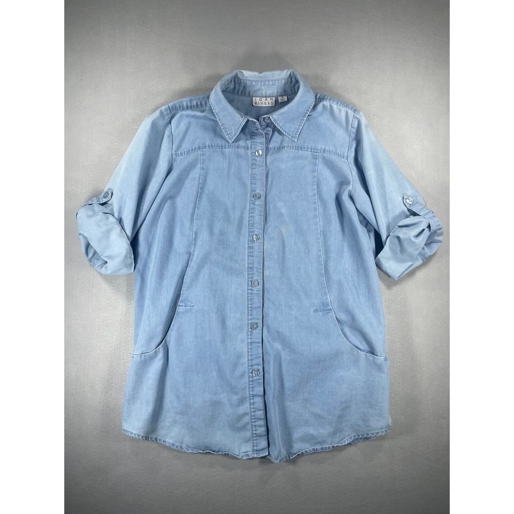 Joan Rivers Women's Light Wash Denim Roll Tab Sleeve Tunic Shirt Blue - S